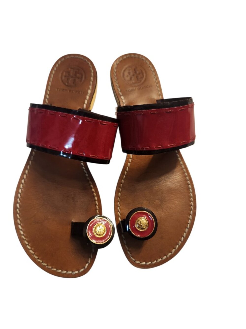 Tory Burch Red Black Patent Leather Colorblock Pattern Slides Sandals Size 8M
